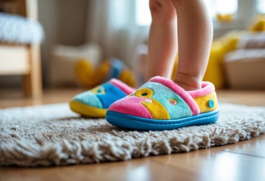 Farverige hjemmesko til børn, viser alsidige designs og bløde materialer, tilpasset børns behov.